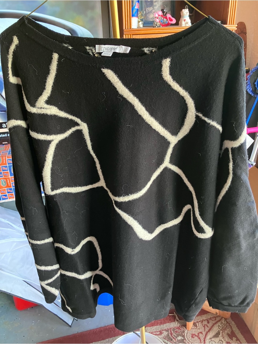 Chico's Black Crewneck Sweater with Cream Abstract Lines